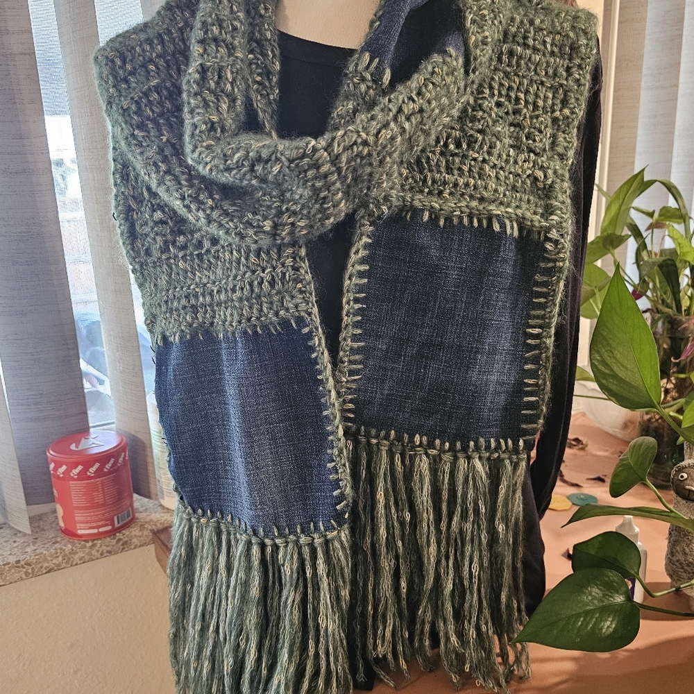 Green and Blue Denim Scarf with Fringe